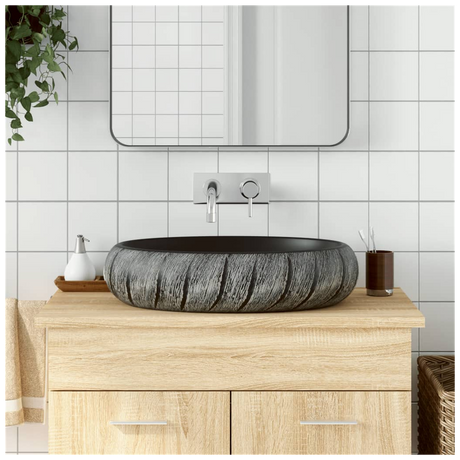 Countertop Basin Black and Grey Oval 59x40x15 cm Ceramic