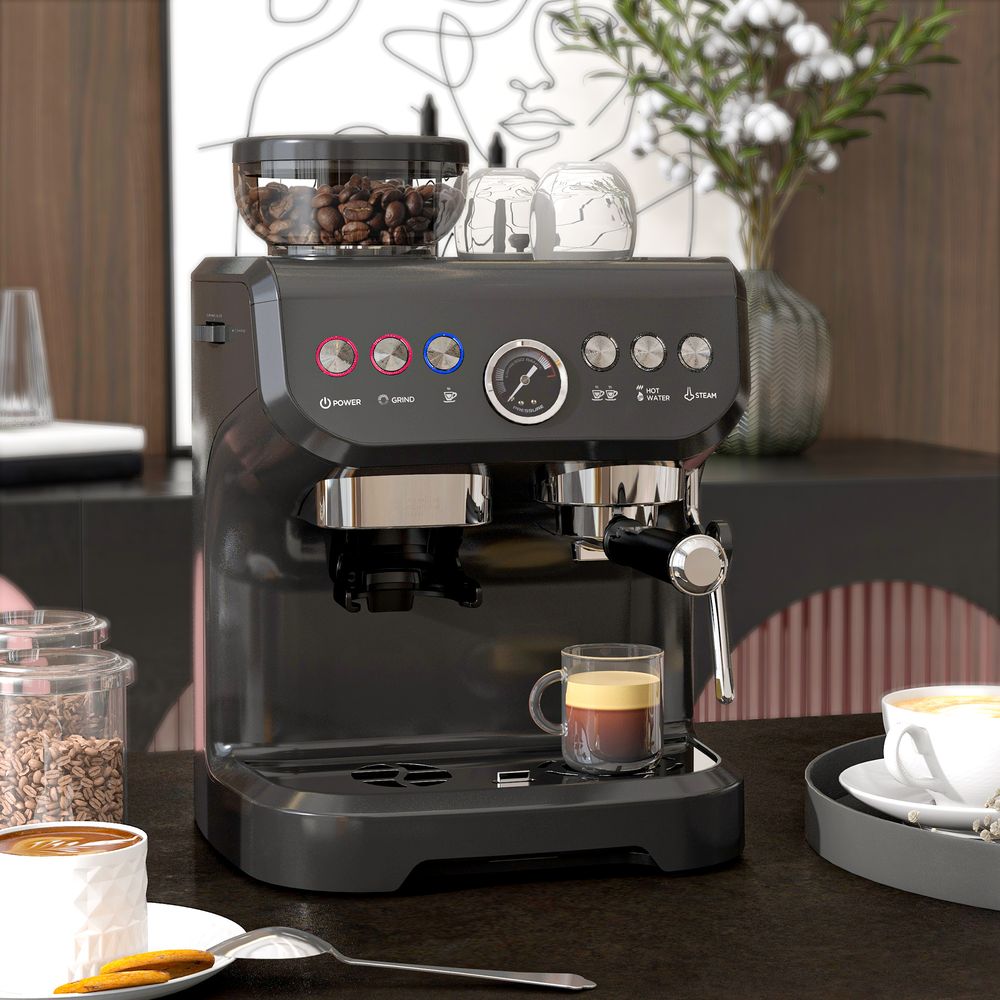 Espresso Coffee Machine w/ Integrated Bean Grinder & Steam Wand 15 Bar Pressure