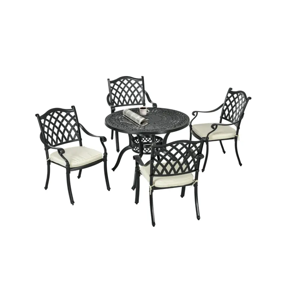 4 Seater Dining Set with Cushions Round Dining Table with Parasol Hole, Bronze