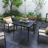 Outdoor Dining Table for 4 with Marble Effect Tempered Glass Top Black