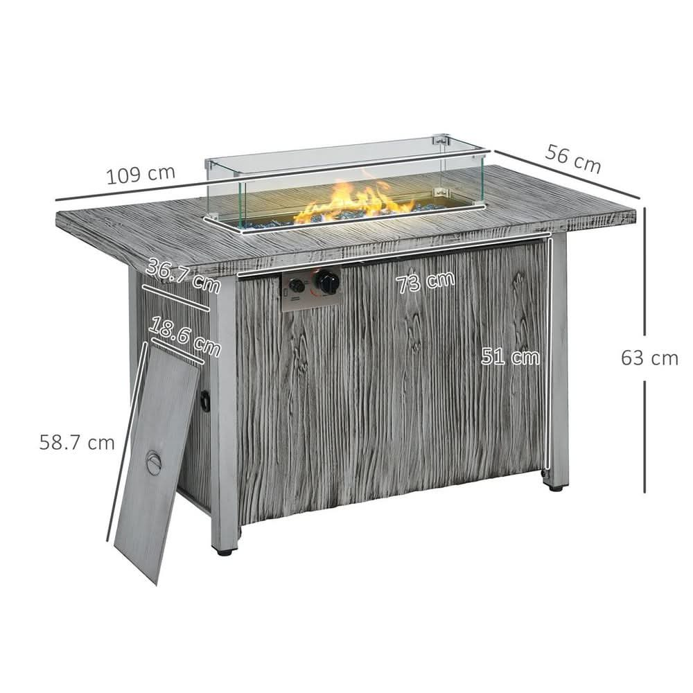 Gas Fire Pit Table with 50,000 BTU Burner, Cover, Glass Screen, Grey