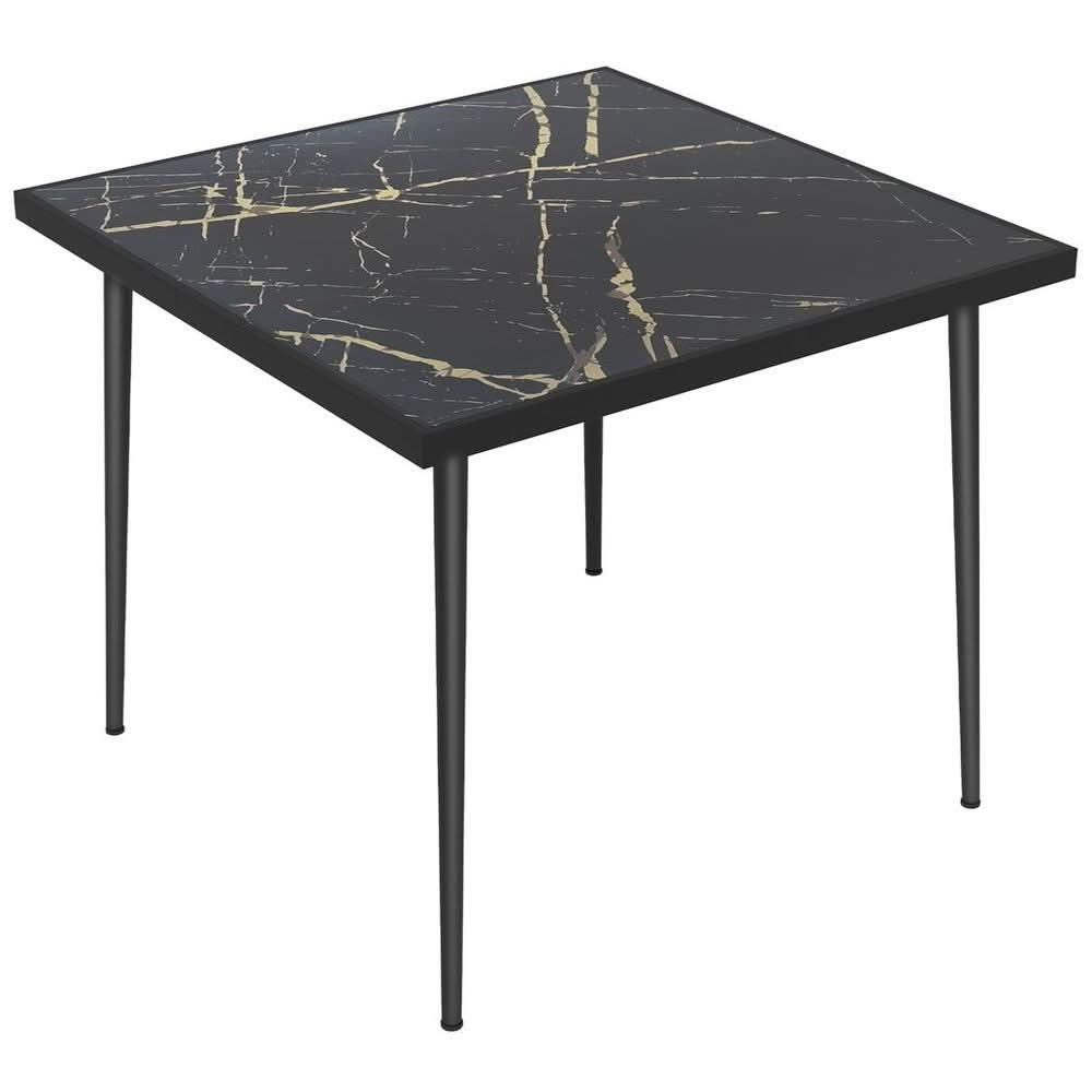 Outdoor Dining Table for 4 with Marble Effect Tempered Glass Top Black