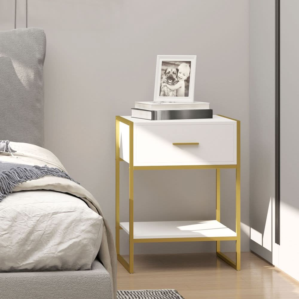 Modern Bedside Table Side Table Nightstand w/ Drawer Shelf White Gold