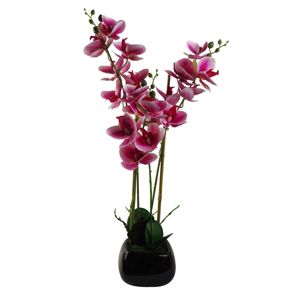 70cm Artificial Orchid Dark Pink with Black Ceramic Planter