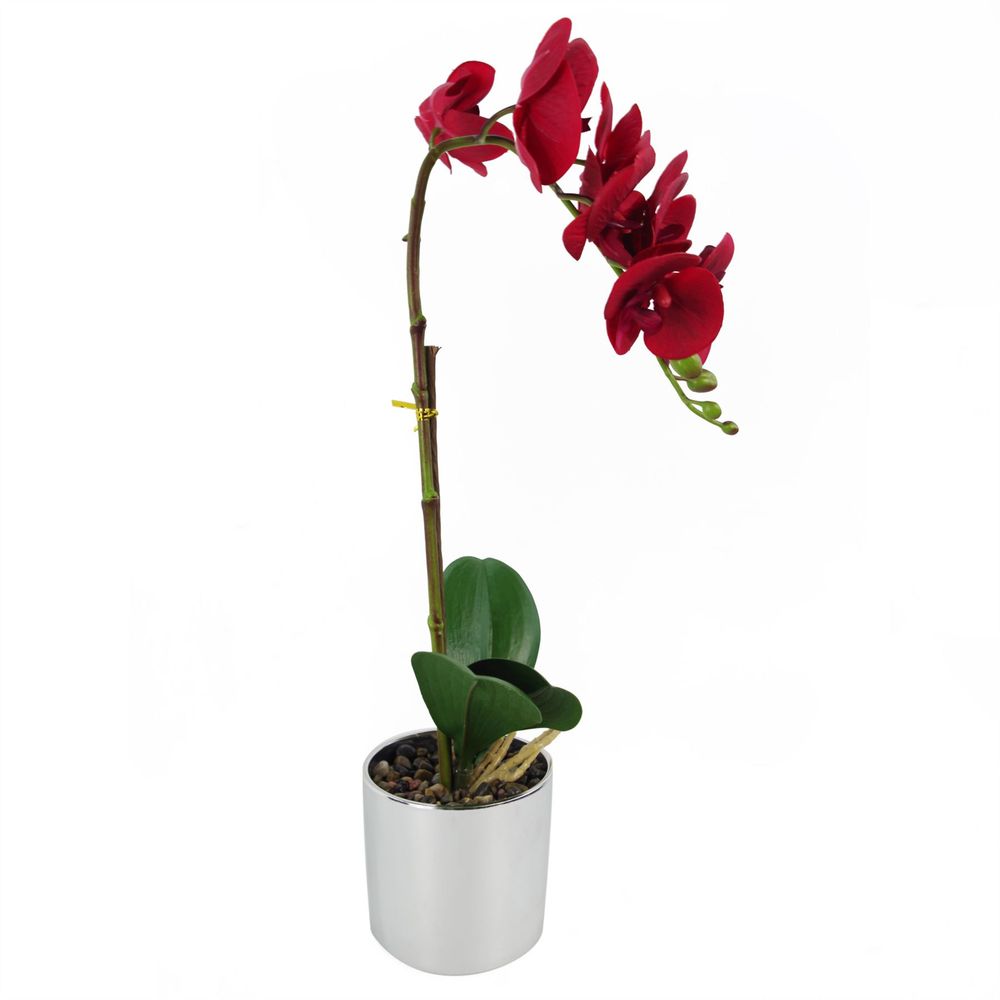 46cm Artificial Orchid Red with Silver Pot