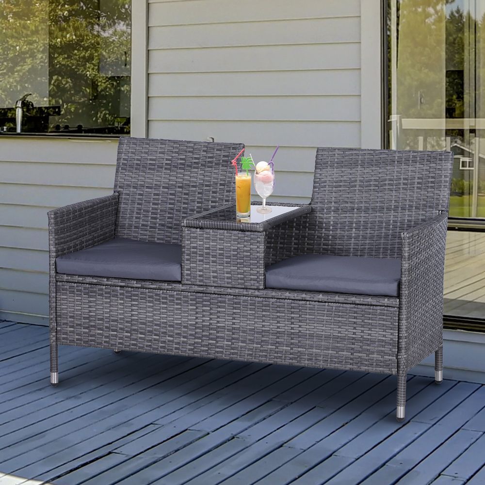 2-Seater PE Rattan Outdoor Garden Bench w/ Centre Table