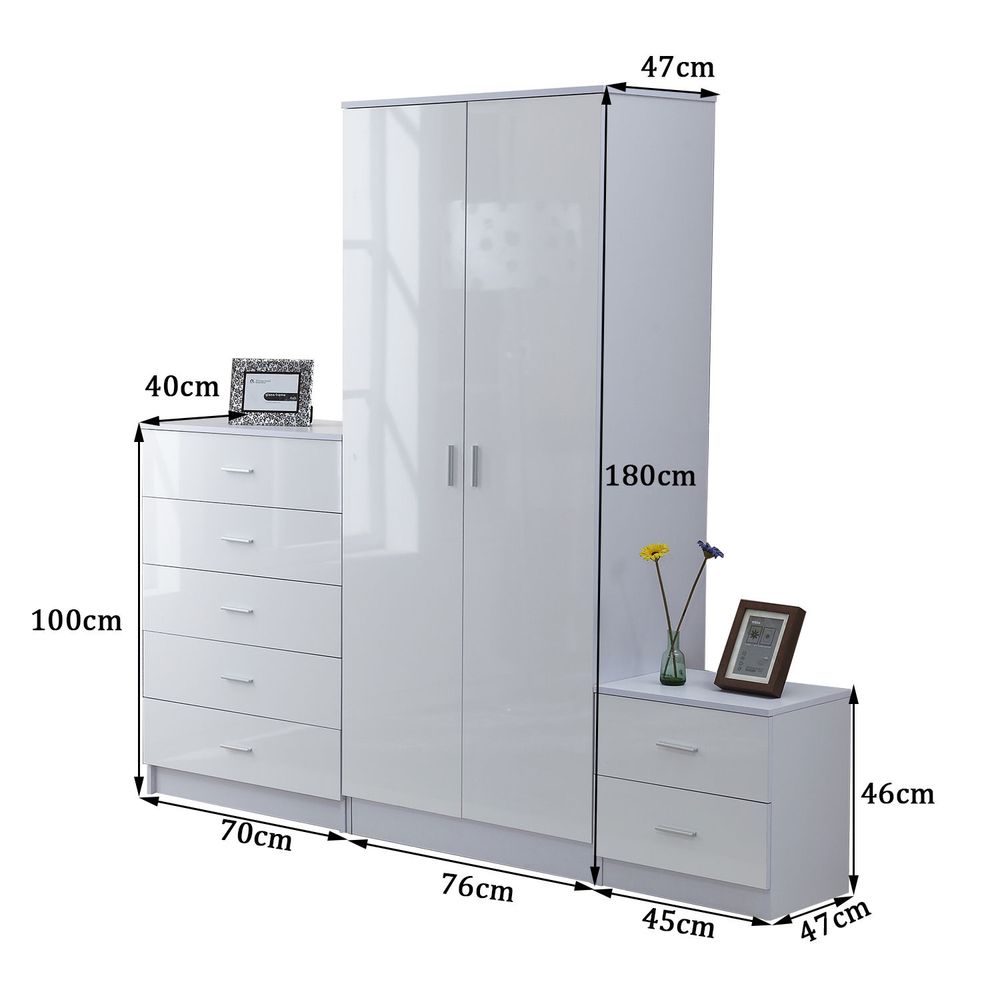 Tall White High Gloss Wardrobes 3 Pc Chest Bedside Table 7 Drawer