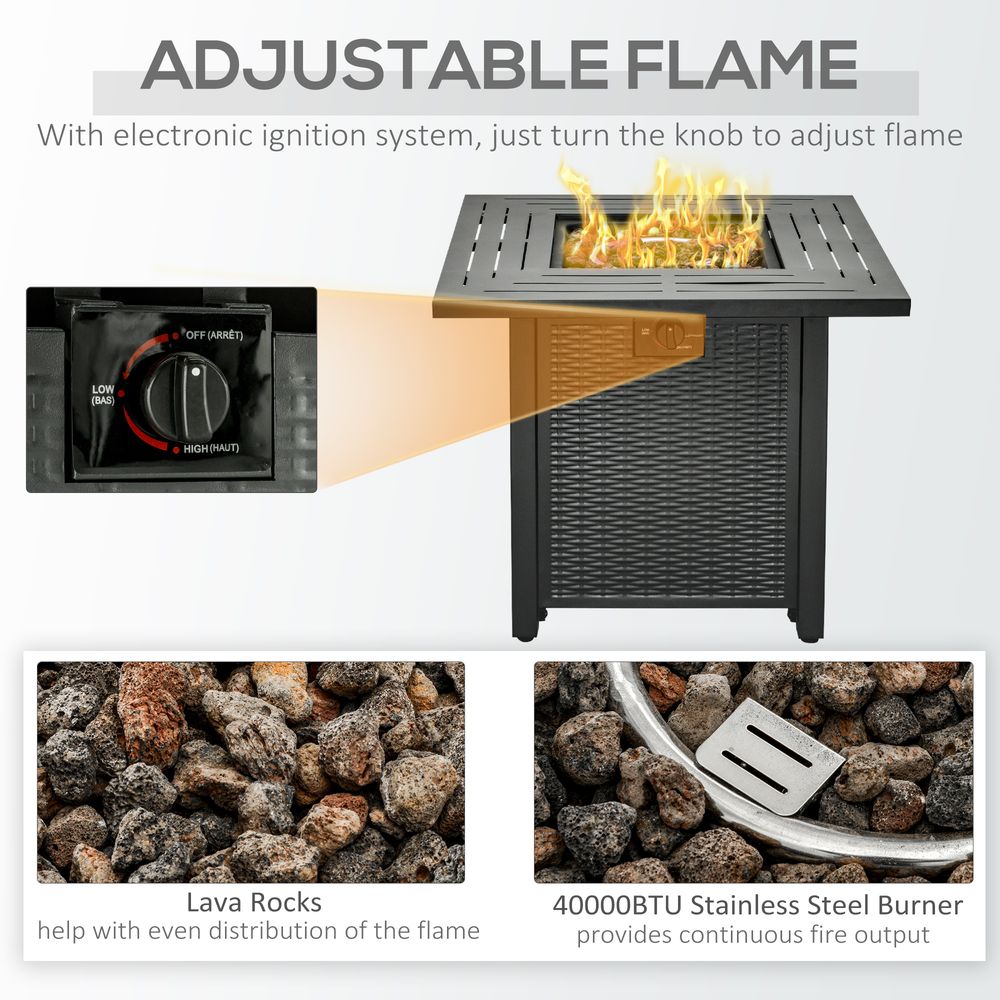 Square Propane Gas Fire Pit Table Rattan Smokeless Patio Heater Lava Rocks & Lid