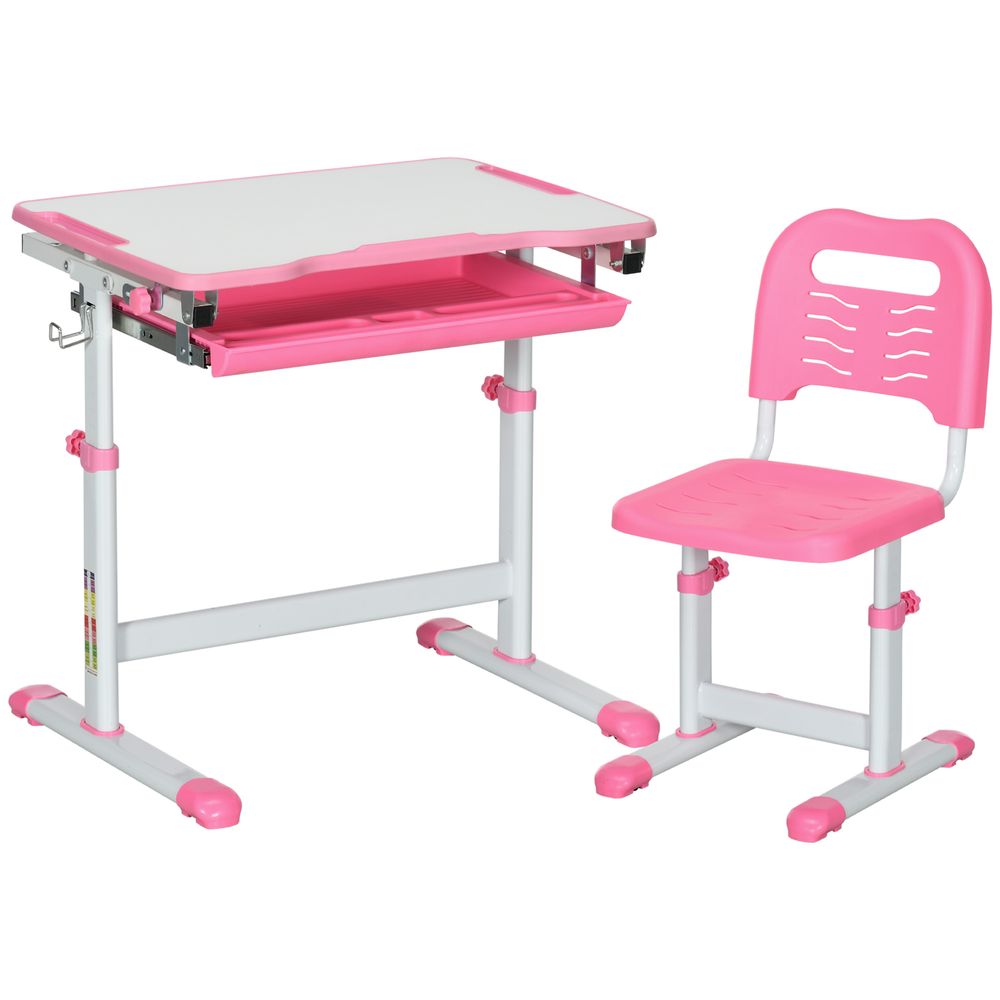 Kids Desk and Chair Set, Height Adjustable Desk with Drawer, Pen Slot, Hook