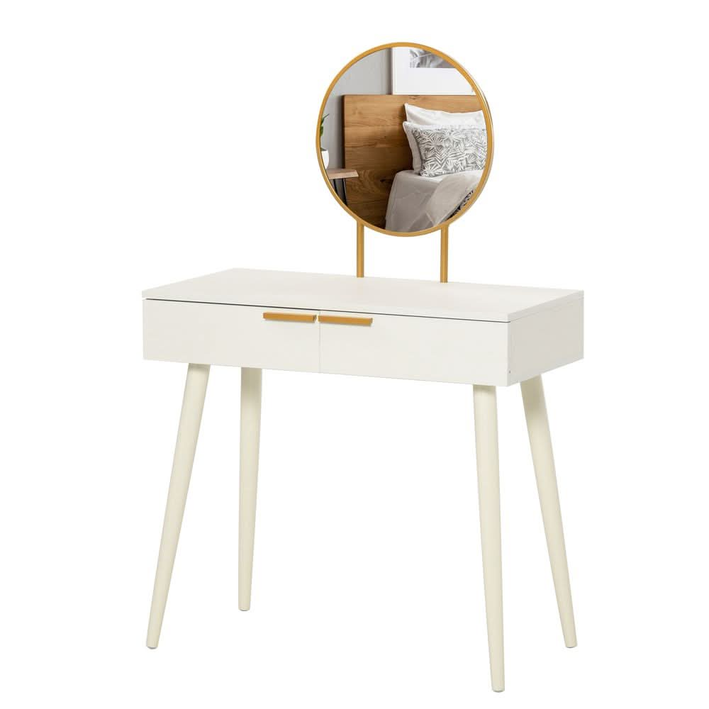 Modern Dressing Table with Round Mirror, Makeup Vanity Table with 2 Drawers White Desk w/ Mirror