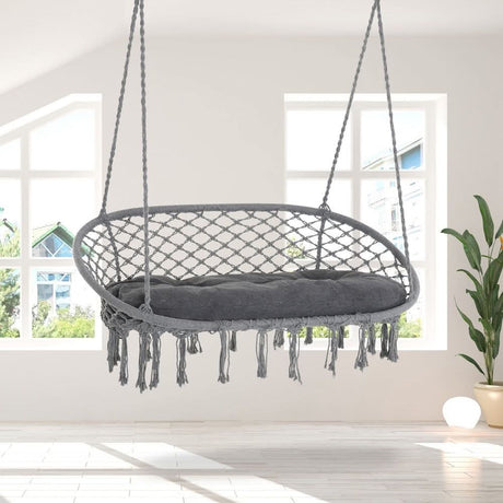 Hanging Hammock Chair Cotton Rope Swing & Metal Frame Large Macrame, Dark Grey