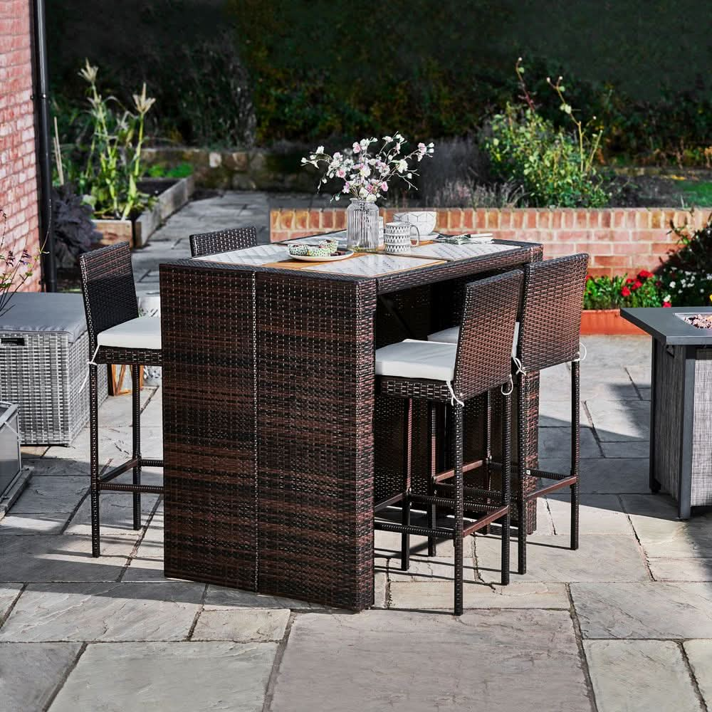 5 Pcs Rattan Garden Patio Furniture Bar Dining Table & Chair Set