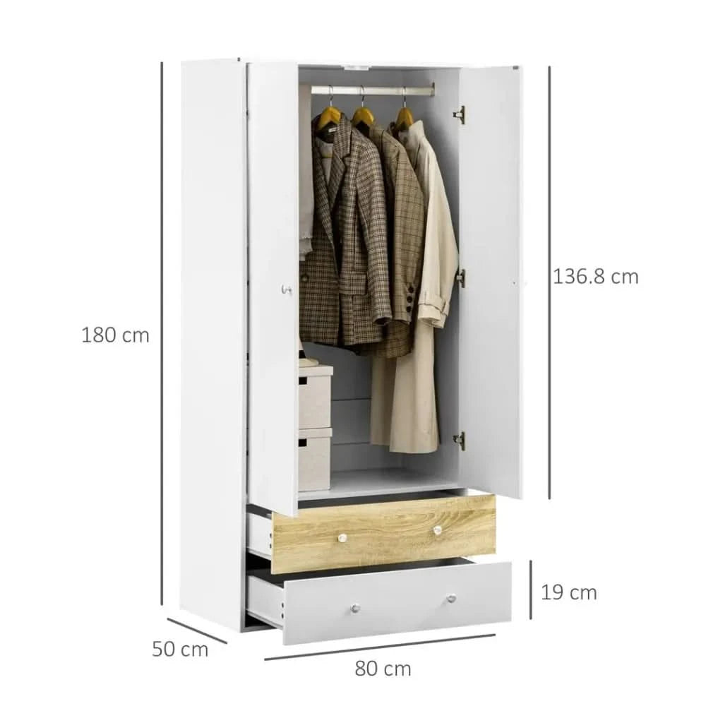 2 Door Wardrobe White Wardrobe with Drawers and Hanging Rod for Bedroom