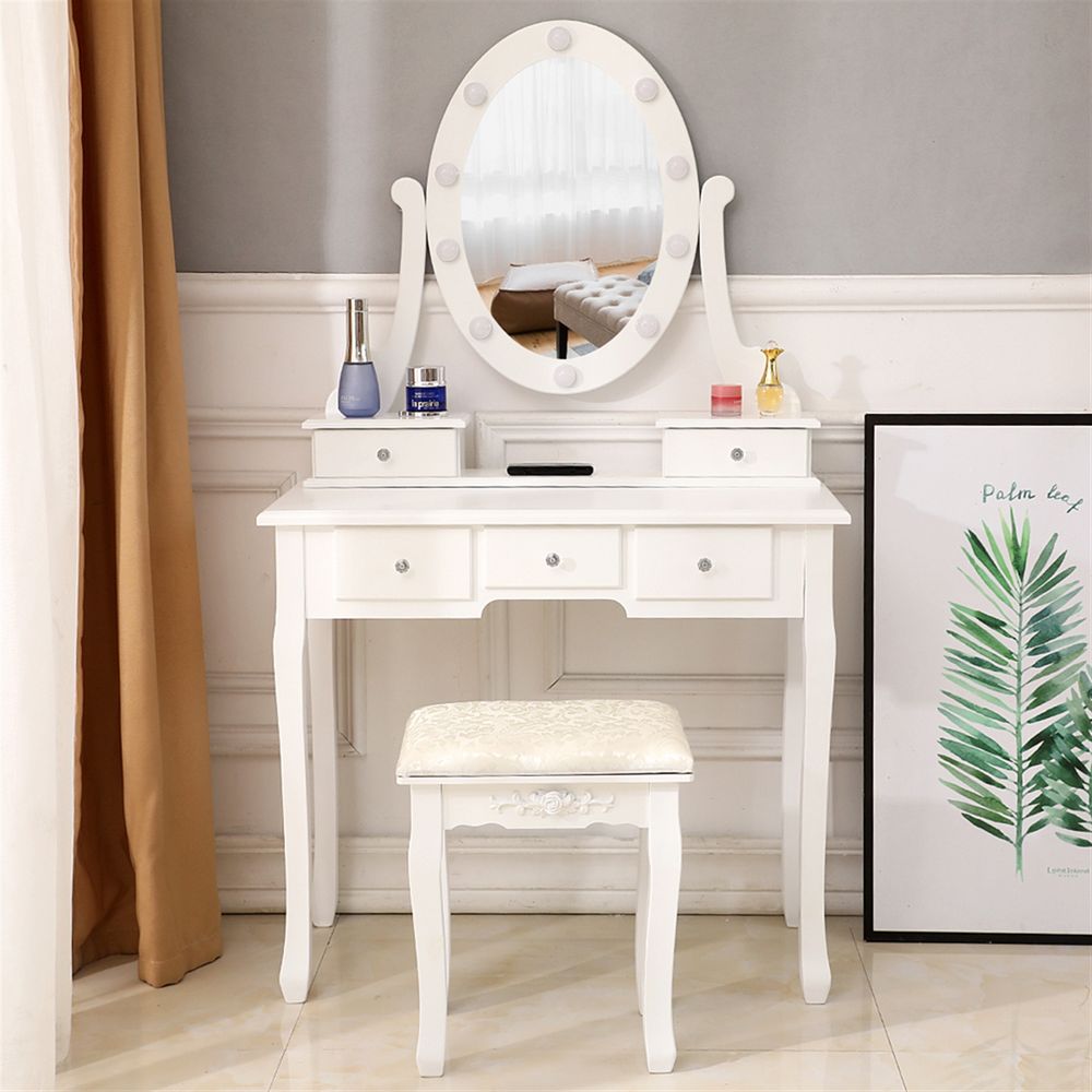 With Light Bulb Single Mirror 5 Drawer Dressing Table White