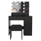 FCH Large Vanity Set with 10 LED Bulbs, Makeup Table with Cushioned Stool, 3 Storage Shelves 1 Drawer 1 Cabinet, Dressing Table Dresser Desk for Women, Girls, Bedroom, Black