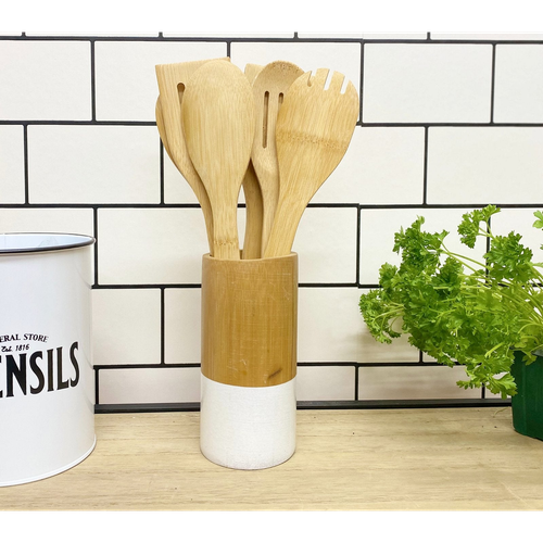 Six Piece Wooden Utensils with Round Holder