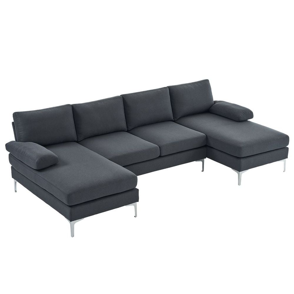 280*130*85 U-Shaped 4-Seat Linen Seat Frame Wooden Frame Back Iron Frame Silver Feet Indoor Modular Sofa Dark Gray