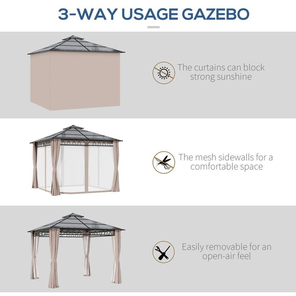 3 x 3 (m) Polycarbonate Gazebo, Hard Top Gazebo with Nettings & Curtains