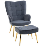 Button Tufted Armchair with Footstool and Gold Tone Steel Legs Dark Grey