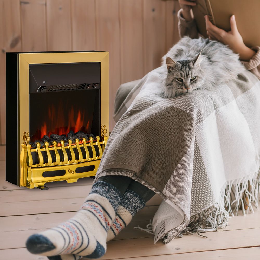 LED Flame Electric Fire Place 2000W Coal Burning Effect Heat-Golden