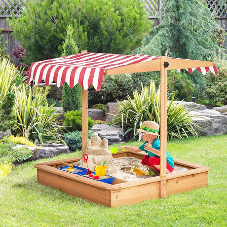 Kids Wooden Sandbox Sand Pit Height Adjustable with Canopy Basins Outsunny