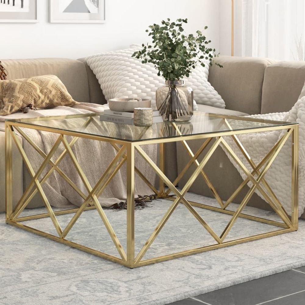 Coffee Table Gold Stainless Steel and Tempered Glass