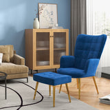 Button Tufted Armchair with Footstool and Gold Tone Steel Legs Dark Blue