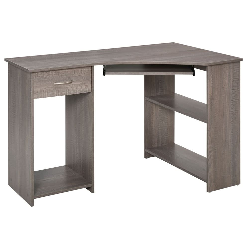 L-Shaped Corner Computer Desk & 2-Tier Side Shelves Wide Table Top Grey