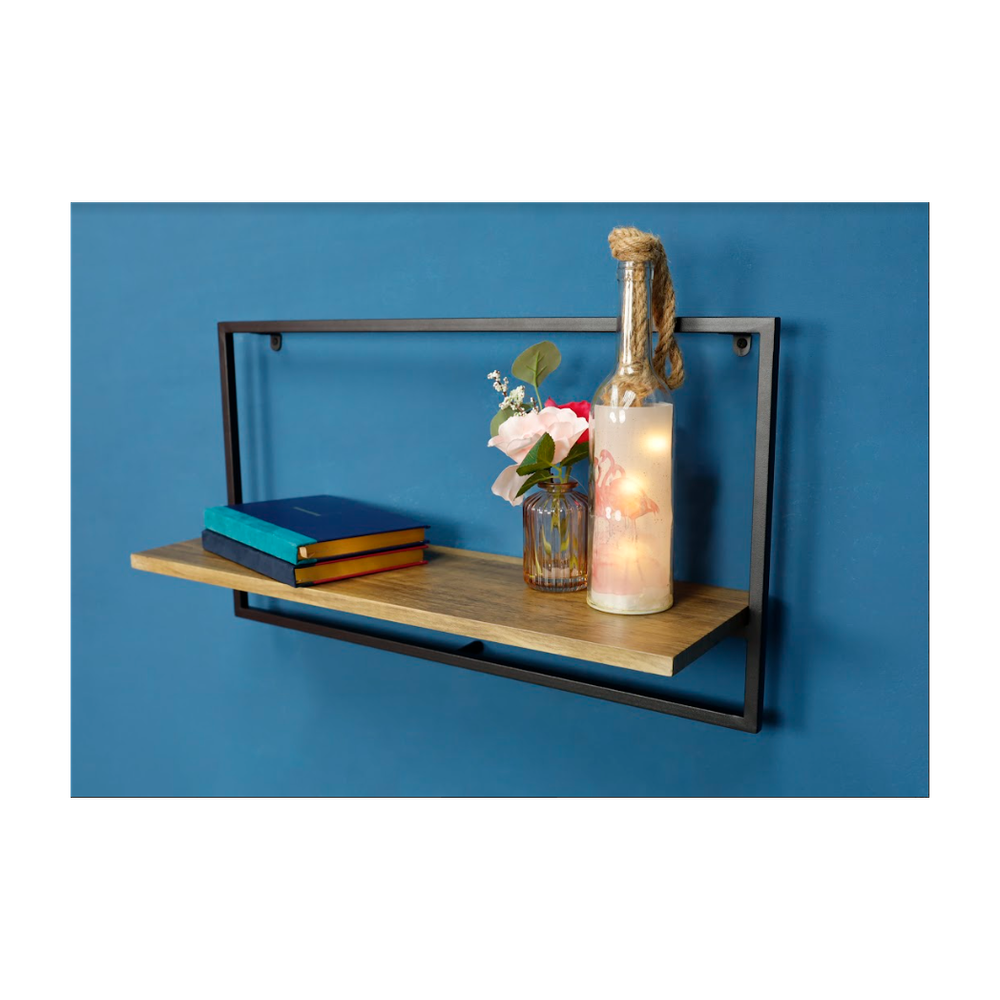 Wide Dark OAK Floating Wall Shelf with Black Frame