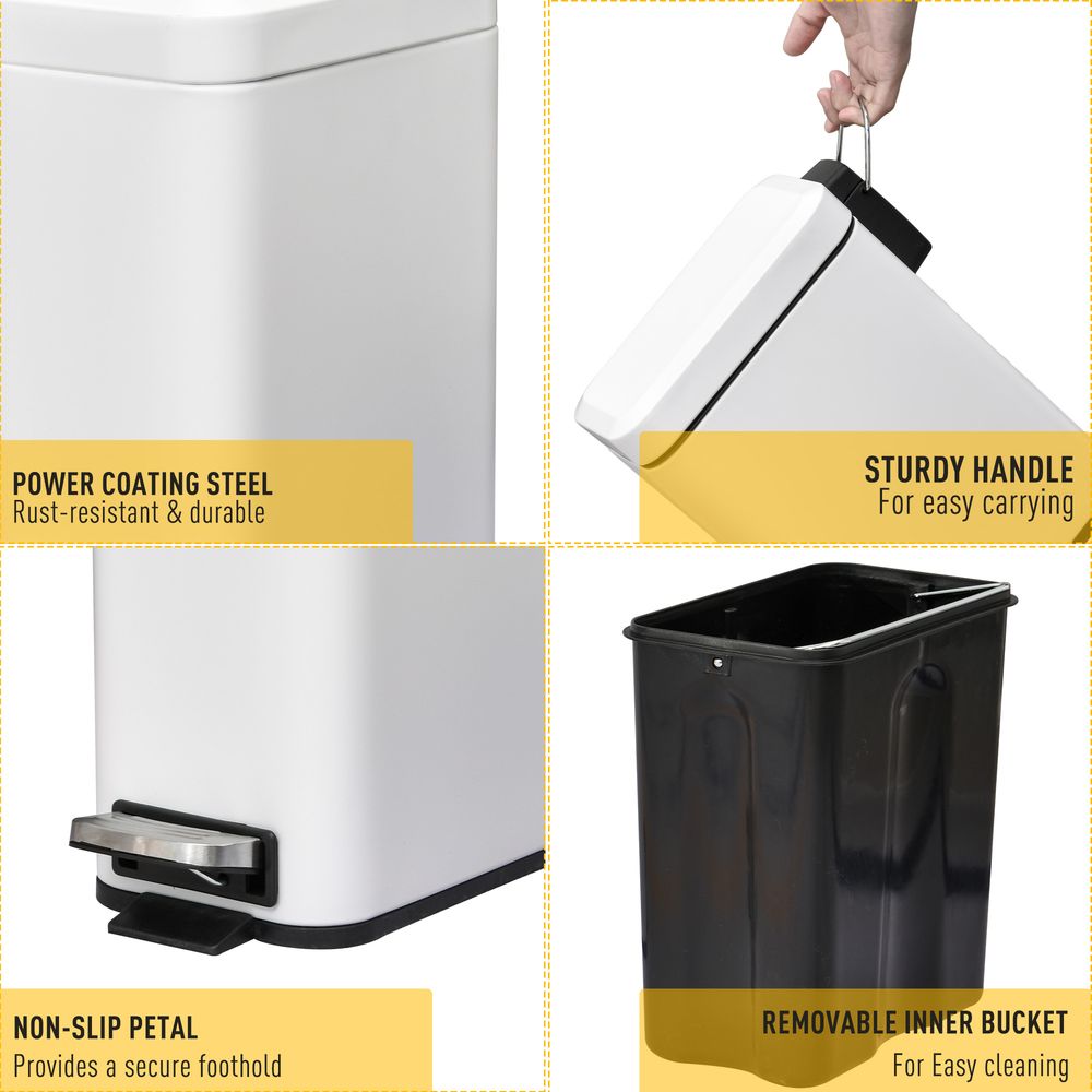 5L Rectangular Steel Pedal Bin White