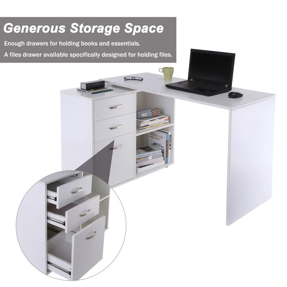 Home Office L Shape Computer Desk Workstation Drawer Shelf File Cabinet-White