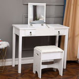 【】Flip Single Mirror Double Drawers Straight Feet Dresser White