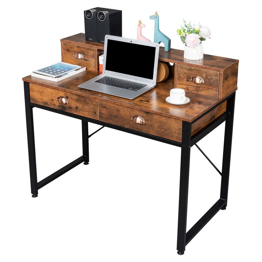 Old Wood Table Top Black Steel Frame Particle Board Two Small Drawers Two Large Drawers Computer Desk Can Be Used For Study Desk