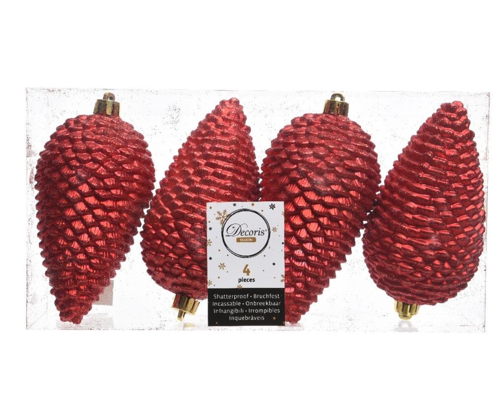 Shatterproof Christmas Red Glitter Pine Cone 12cm Pack of 4