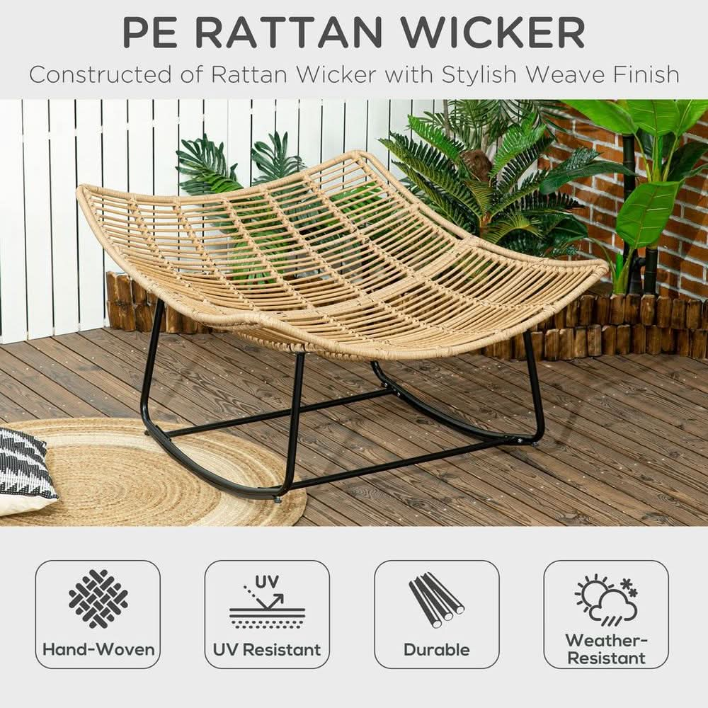 Outsunny Rattan Rocking Chair, Cushioned Wicker Porch Chair, Natural Wood Finish