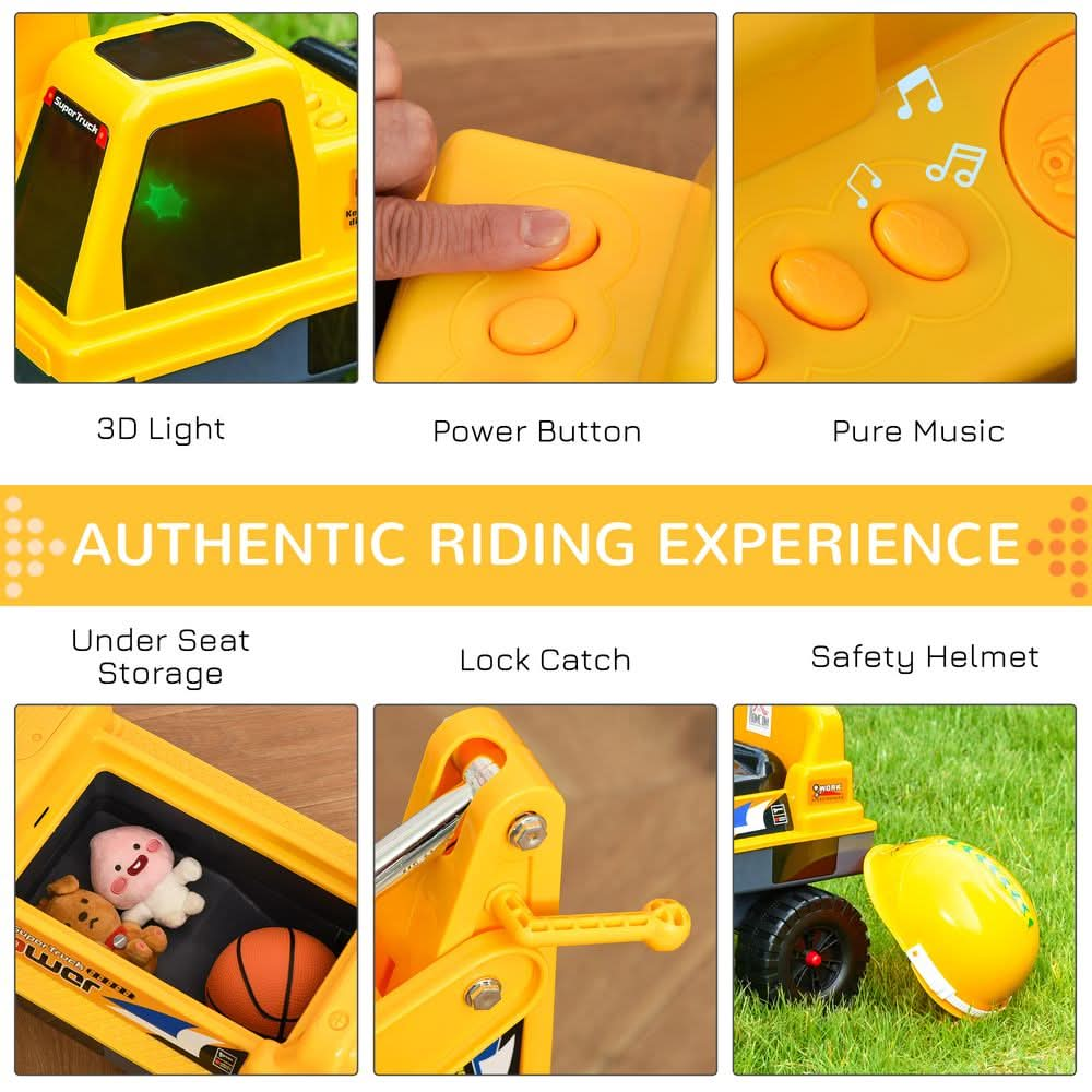 No Power Ride on Excavator Digger Music Light for 2-3 Years Old Yellow