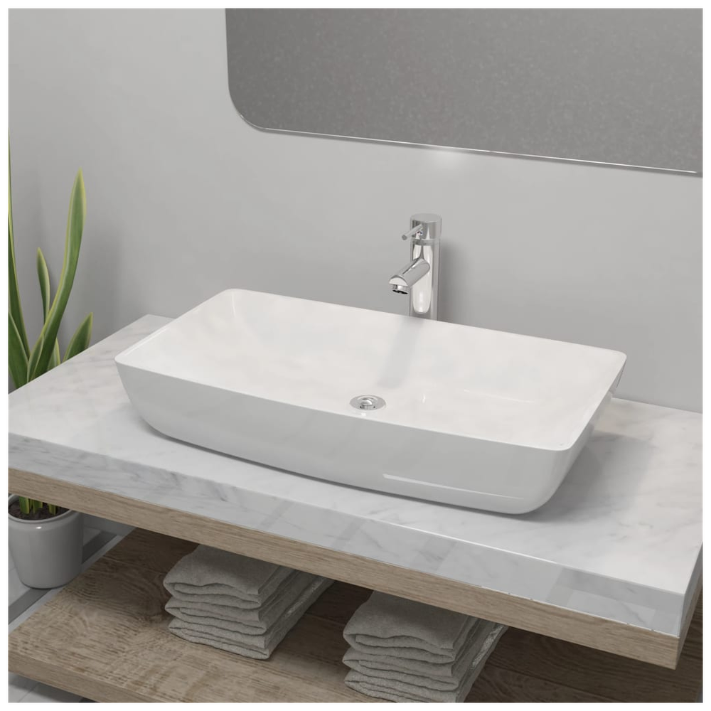 Bathroom Basin with Mixer Tap Ceramic Rectangular White