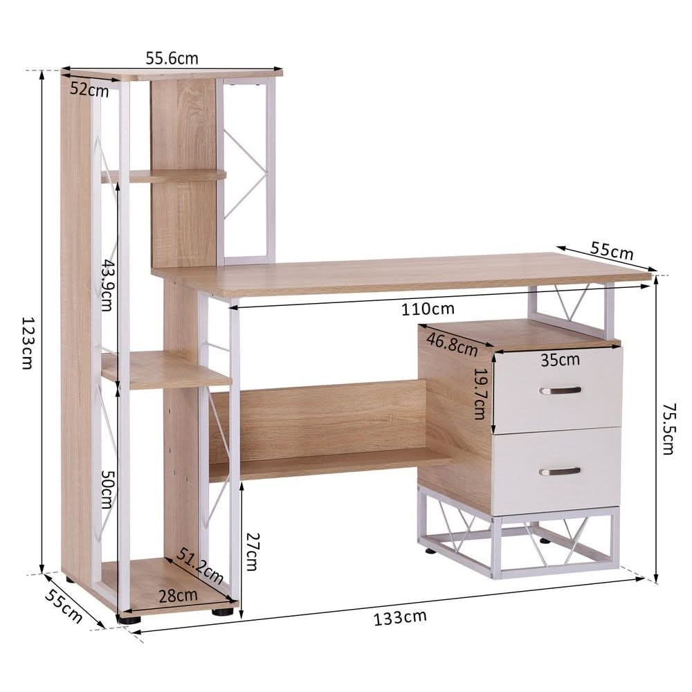 Workstation Computer Writing Desk W/2 Drawers Multi-Shelves-Oak/White