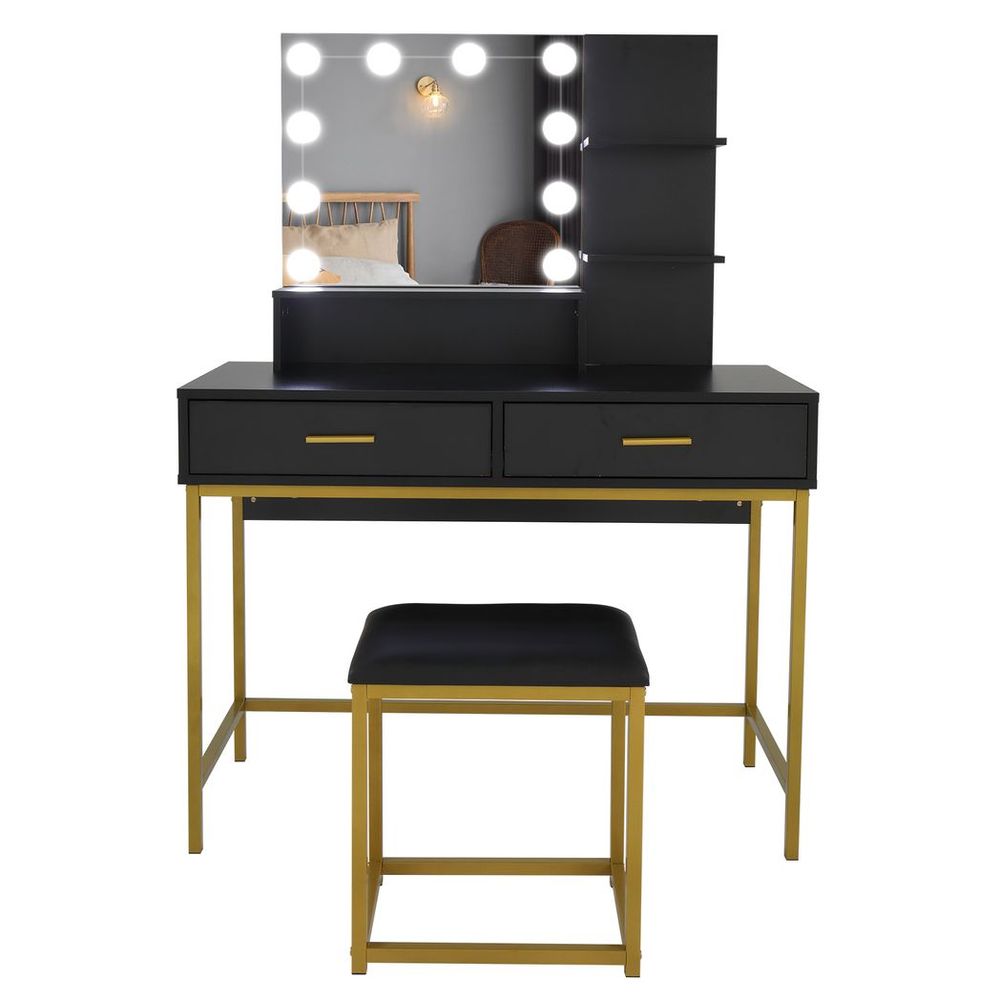 Large Vanity Set with 10 LED Bulbs, Makeup Table with Cushioned Stool, 3 Storage Shelves 2 Drawers, Dressing Table Dresser Desk for Women, Girls, Bedroom, Black