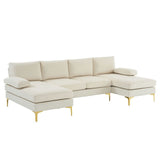 280*130*85 U-Shaped 4-Seat Linen Seat Frame Wooden Frame Back Iron Frame Golden Feet Indoor Modular Sofa Beige