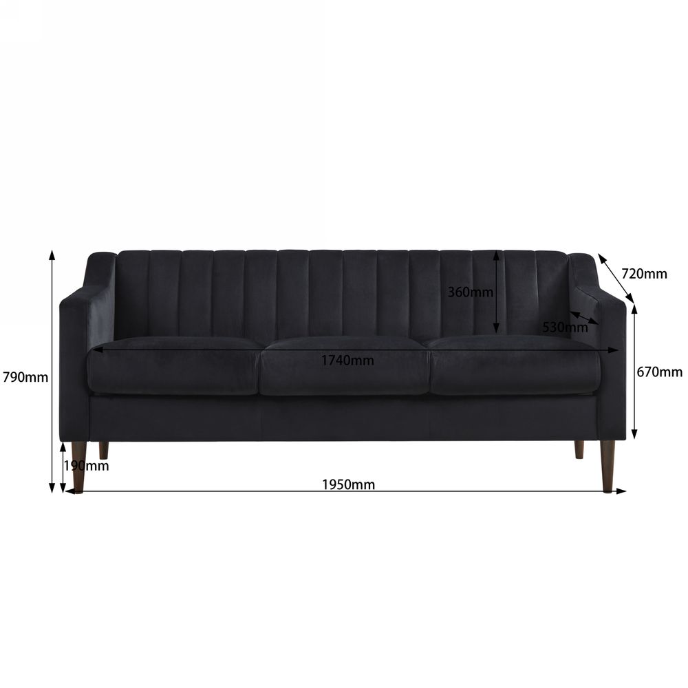 Modern Chesterfield Sofa, Comfortable Upholstered Sofa, Velvet Fabric, Wooden Frame with Wooden Legs, Suitable for Living Room/Bedroom/Office, 3 Seat Sofa - Black