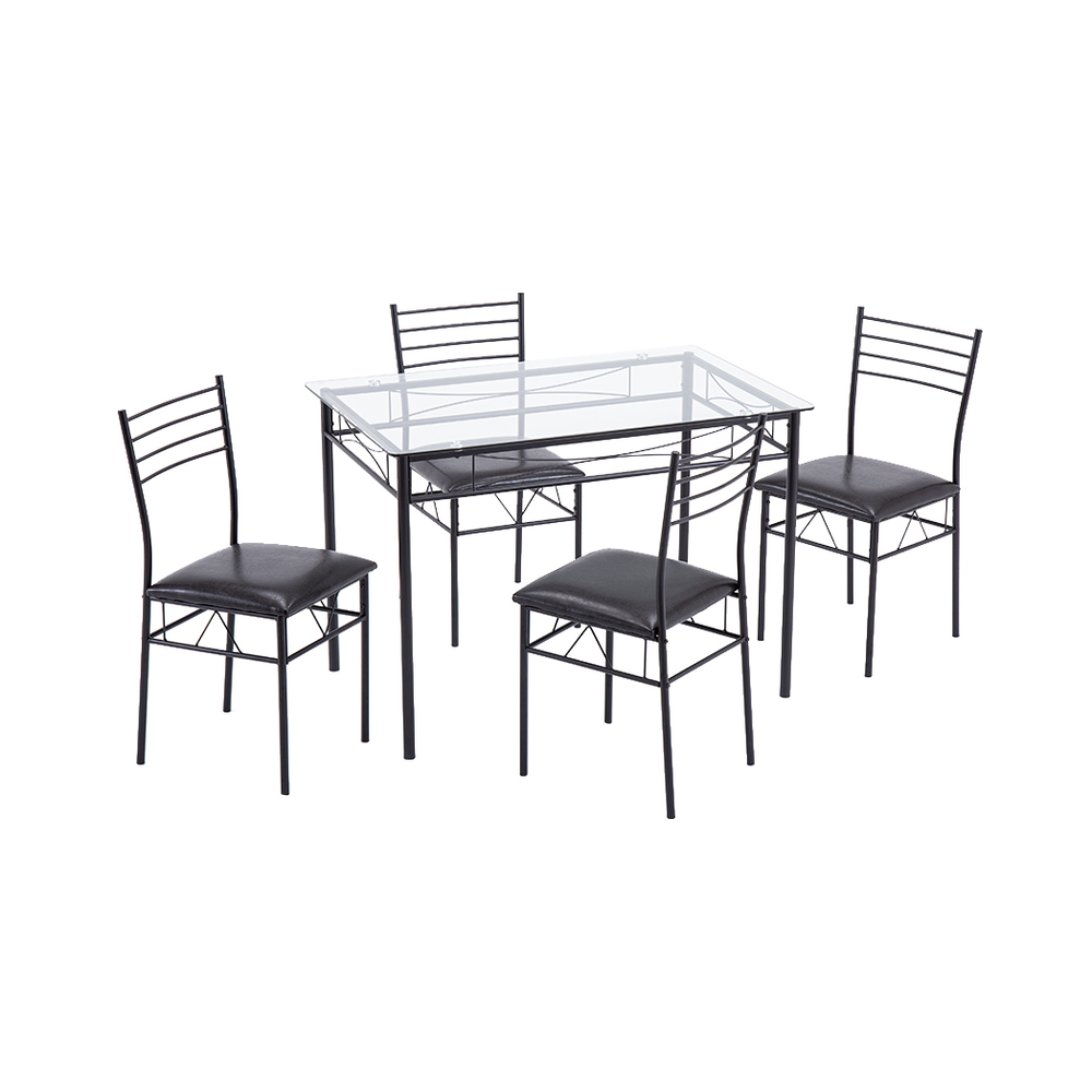 [110 x 70 x 76cm] Iron Glass Dining Table and Chairs Black One Table and Four Chairs PU Cushion