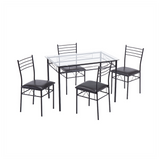 [110 x 70 x 76cm] Iron Glass Dining Table and Chairs Black One Table and Four Chairs PU Cushion