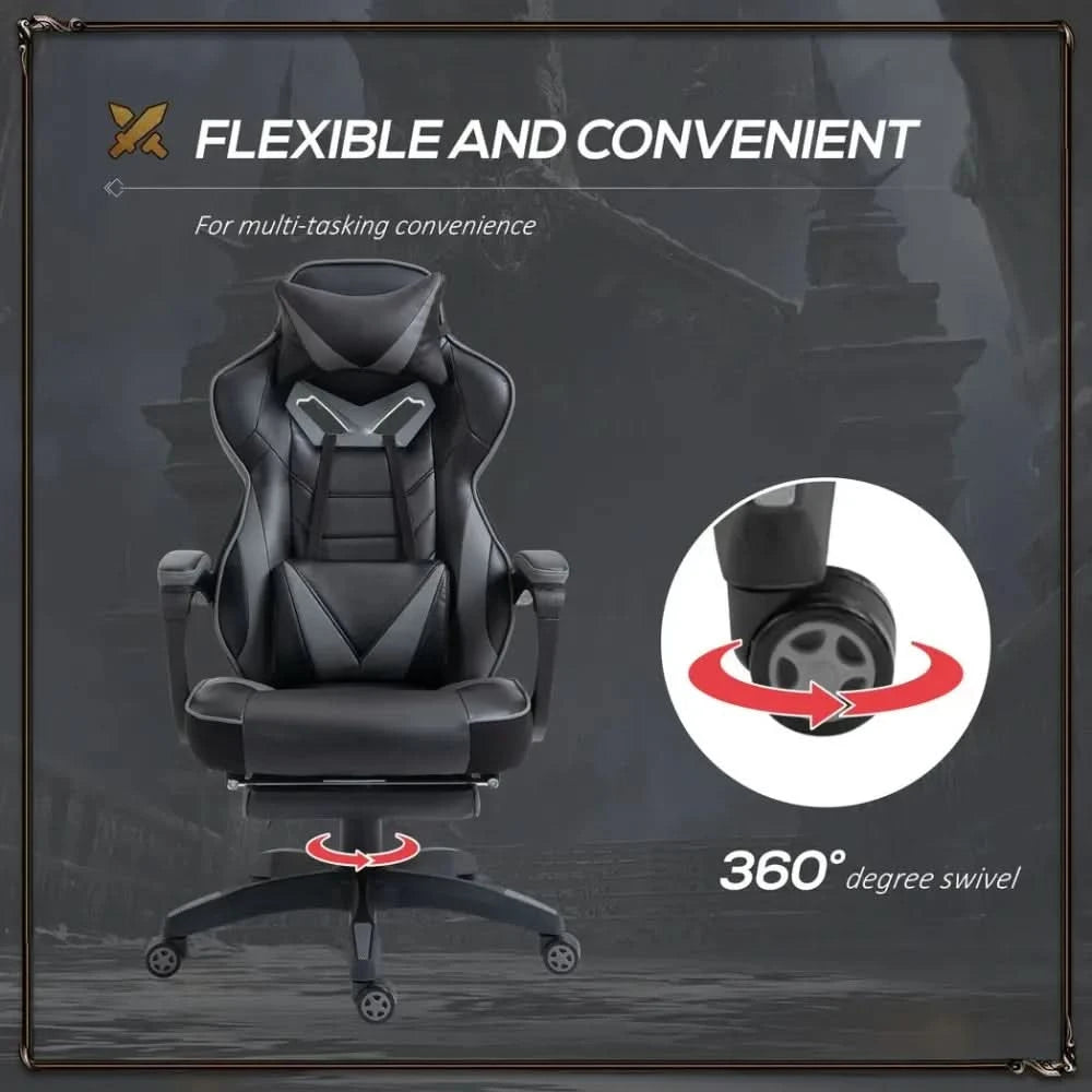 Gaming Chair Ergonomic Reclining w/ Manual Footrest Wheels Stylish Office Grey