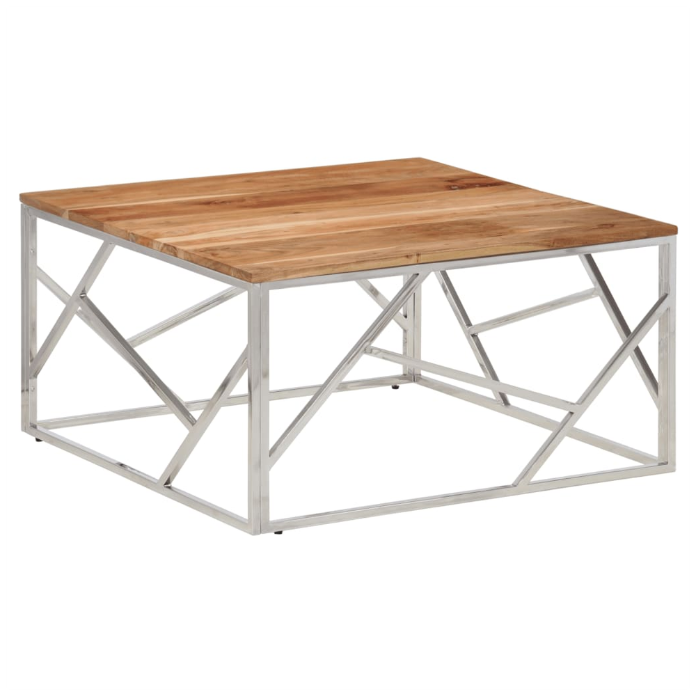 Coffee Table Silver Stainless Steel and Solid Acacia Wood