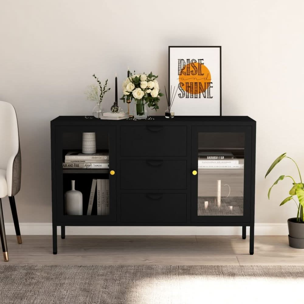 Sideboard Black 105x35x70 cm Steel and Tempered Glass