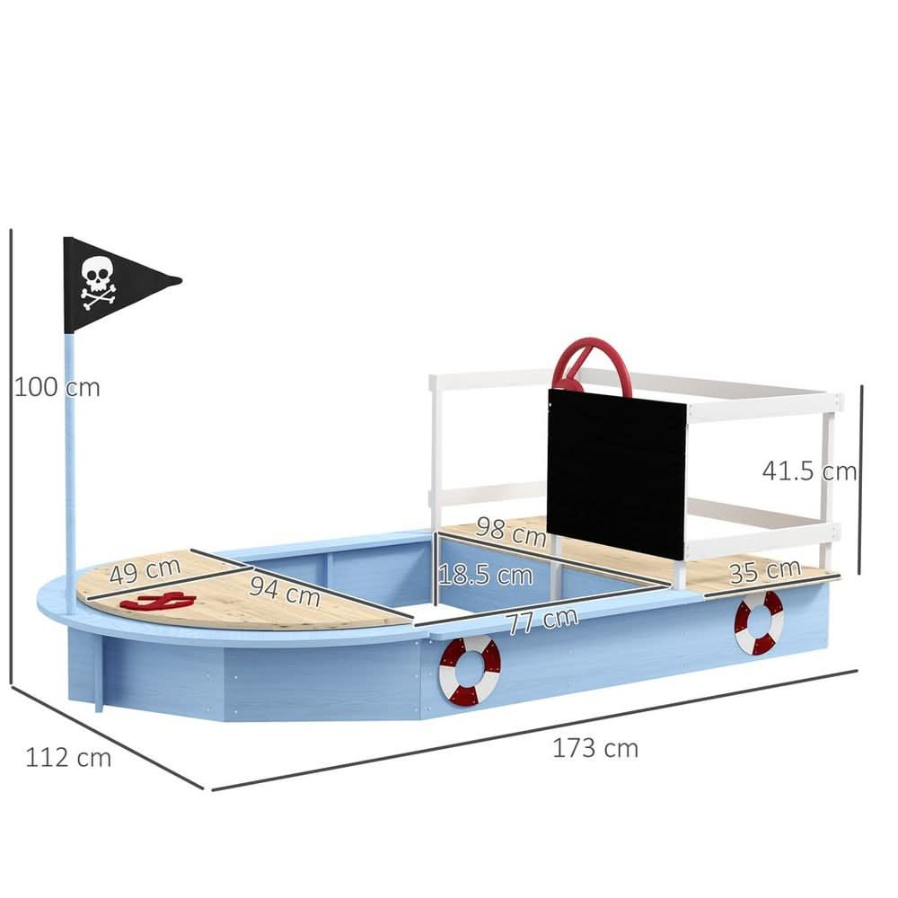 Sand Pit with Blackboard, Flag, Storage Deck for Outdoor Play, Blue