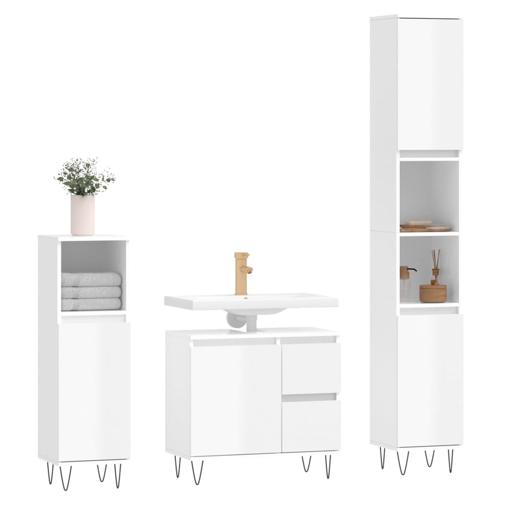 3 Piece Bathroom Furniture Set High Gloss White Engineered Wood