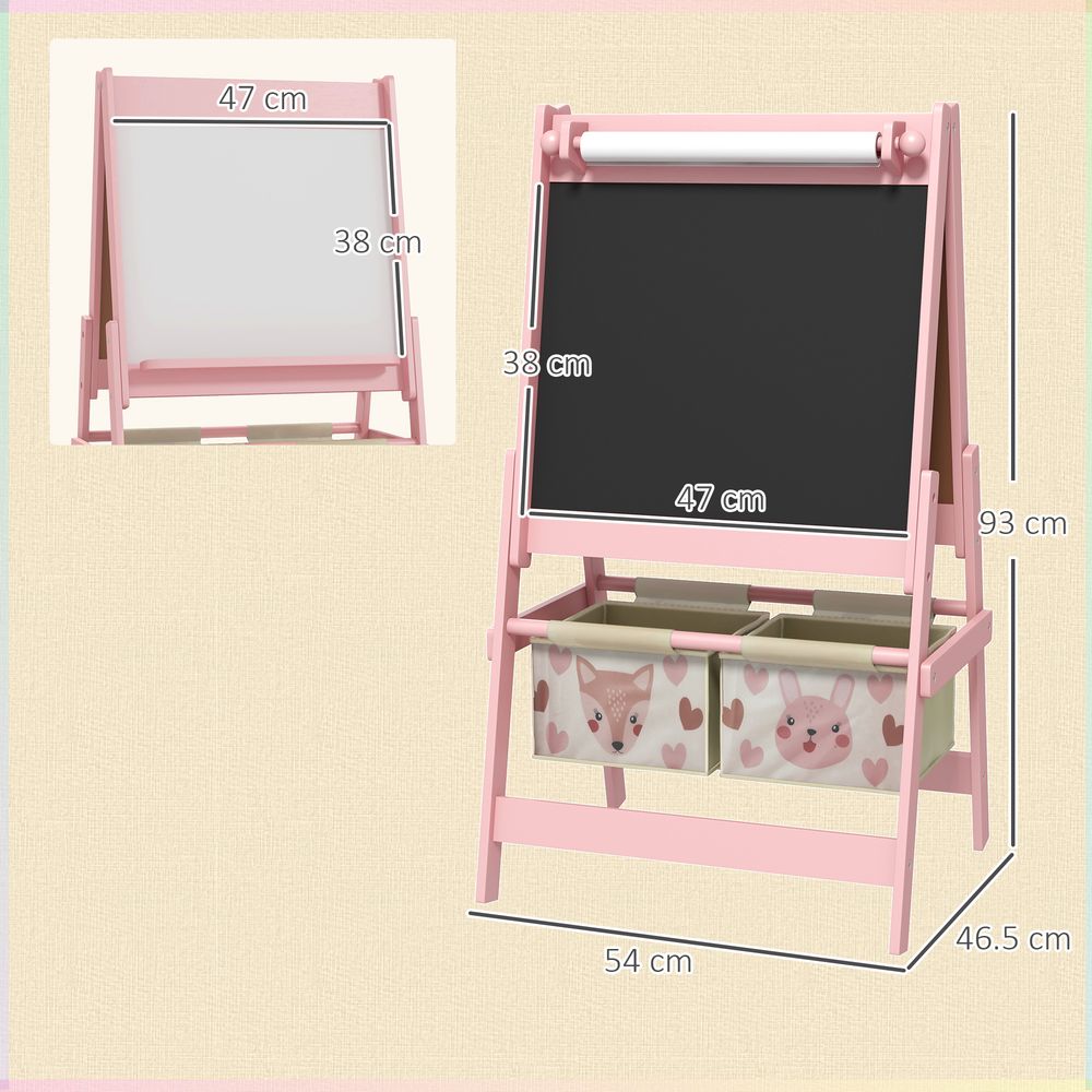 Kids Easel with Paper Roll, Blackboard, Whiteboard, Storage, Pink