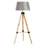 Tripod Floor Lamp w/ Linen Shade Pinewood Legs Adjustable Height Grey